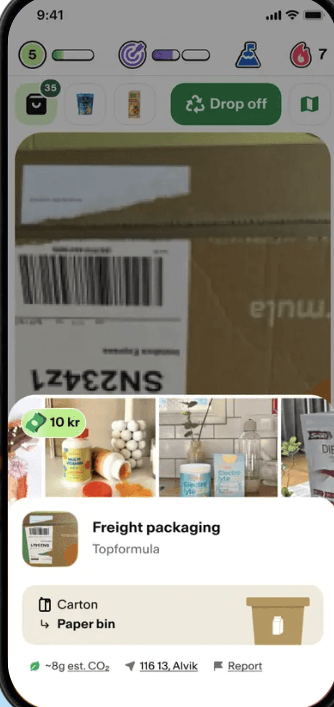 The Bower app showing a scanned shipping label worth 10 kr