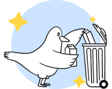 Illustration of the Bower-bird recycling a package in a bin.